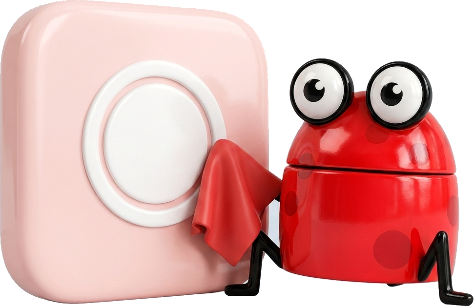 The frog polishing the Red Frog Studio mark