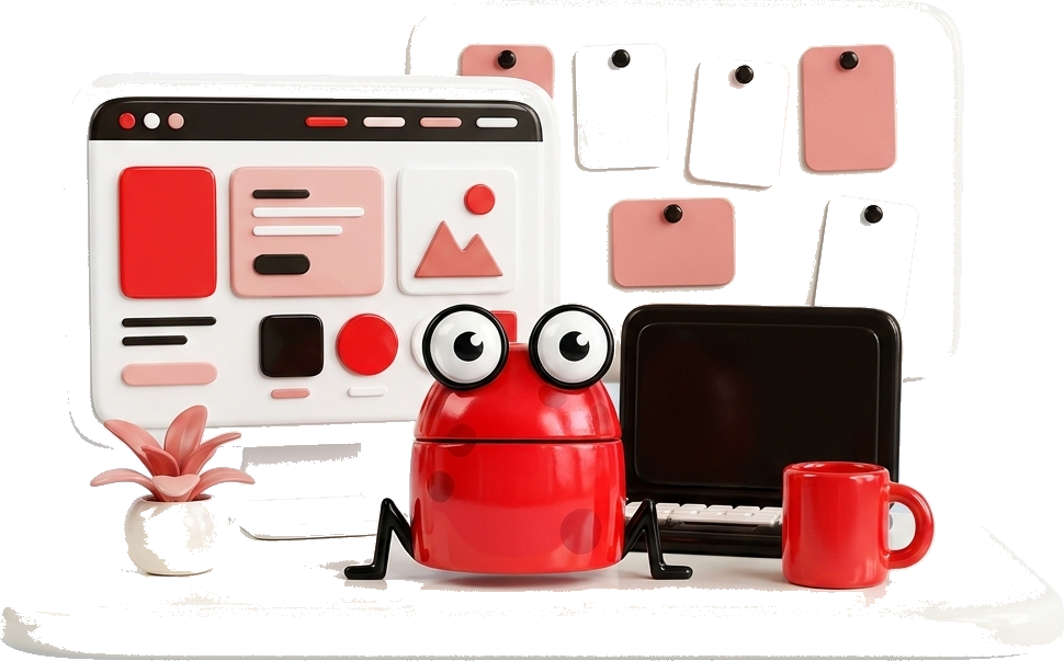 The Red Frog Studio frog at its studio workspace
