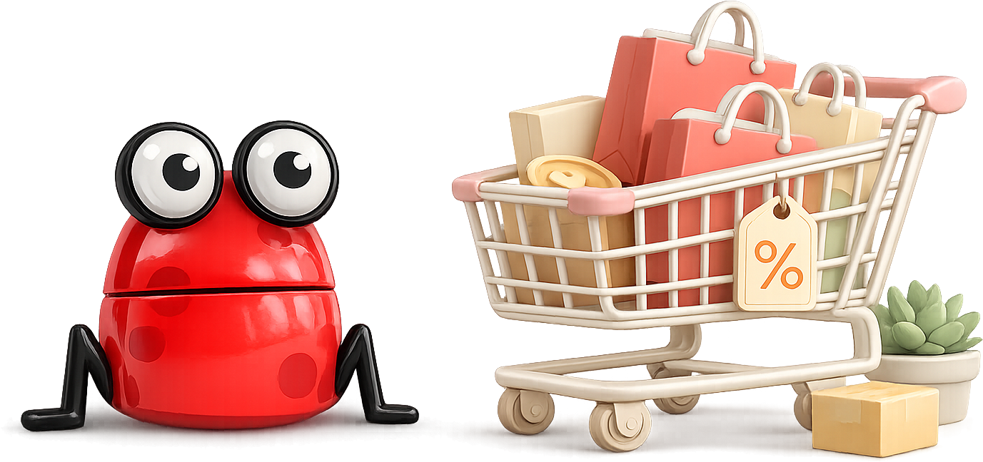 The Red Frog mascot with a shopping basket full of orders