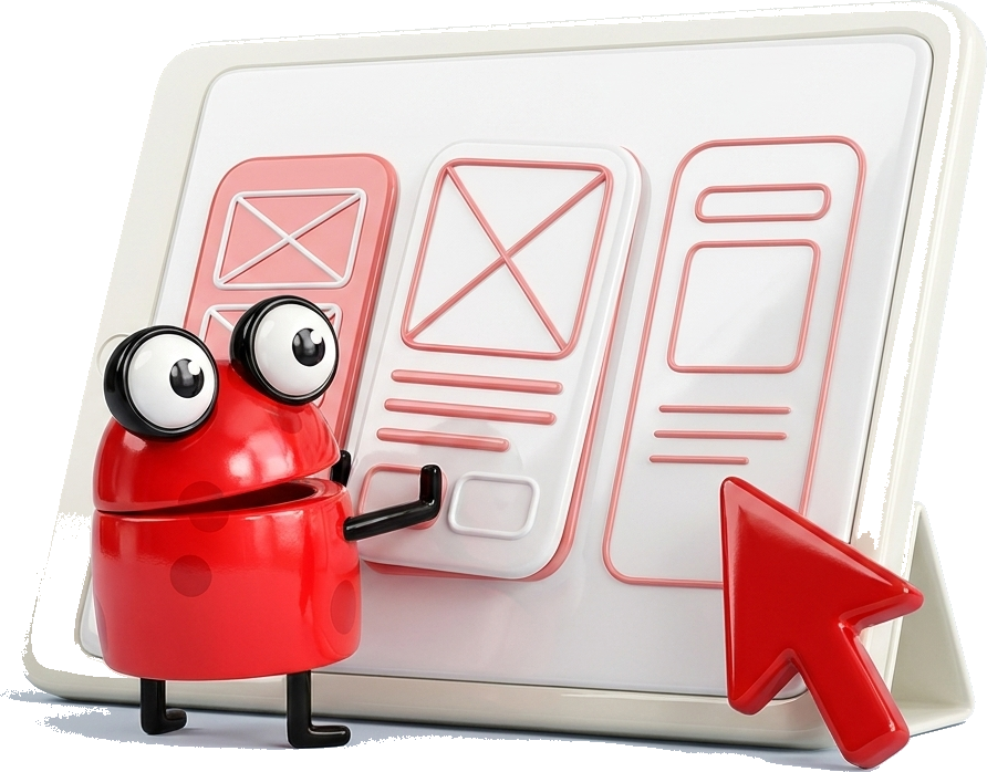 The frog arranging wireframe cards on a tablet
