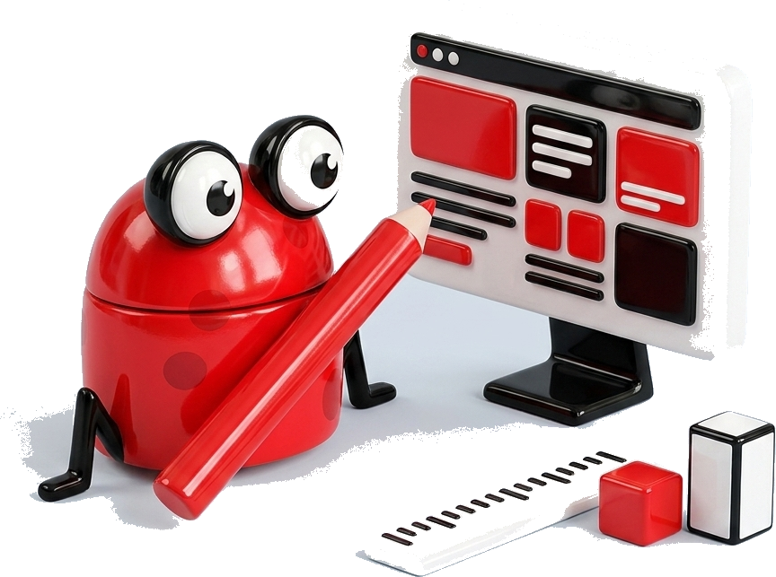 Red Frog Studio frog designing a custom website layout with code and design tools