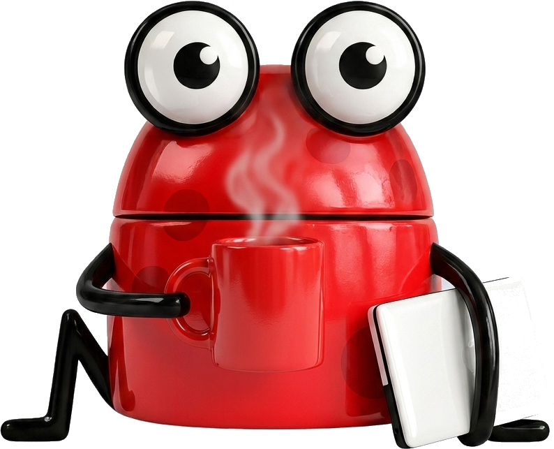 The frog with a mug of coffee