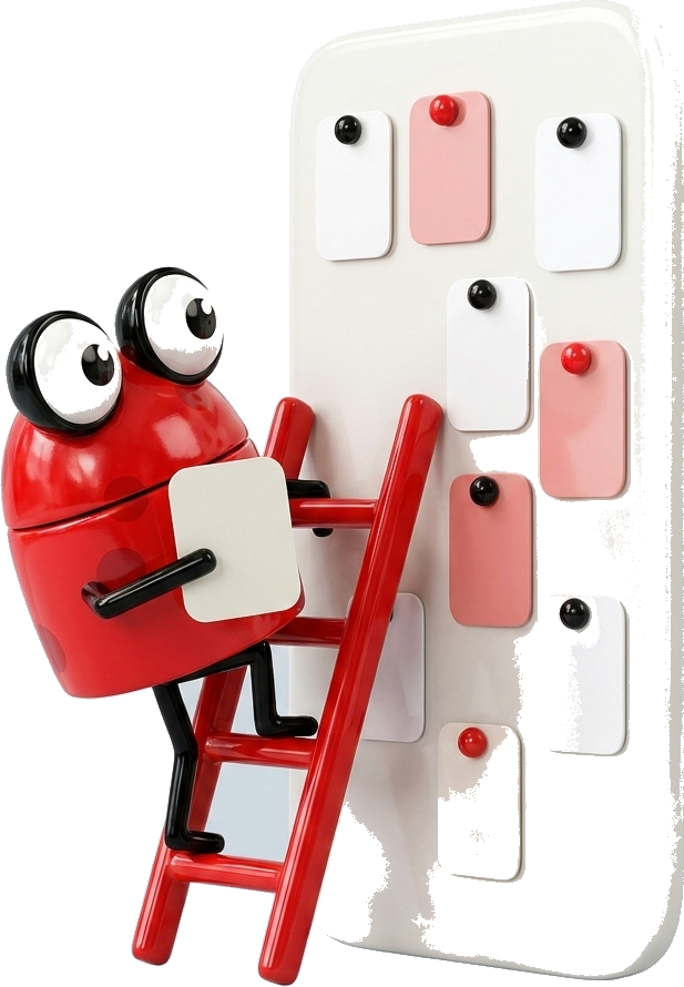 The frog pinning cards to a tall board