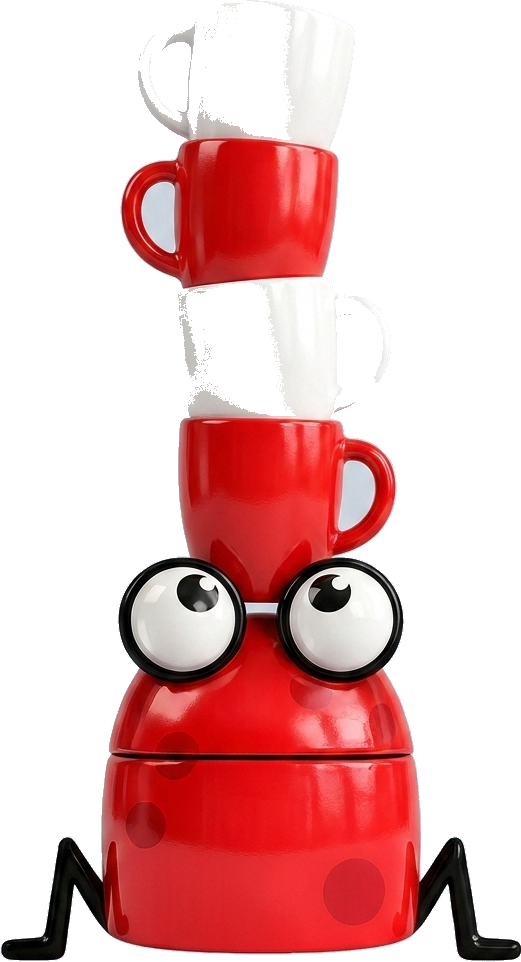 The frog balancing a tower of mugs
